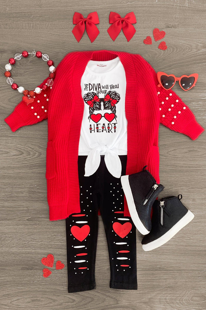 "This Diva Will Steal Your Heart" Legging Set - 3XS-6-12 Months - Toddler red cardigan with pearl sleeves, white graphic tee, black leggings with heart patches, two red hair bows, heart.