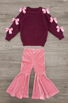 Pink Velvet Bow Bell Bottom Set - Sparkle In Pink