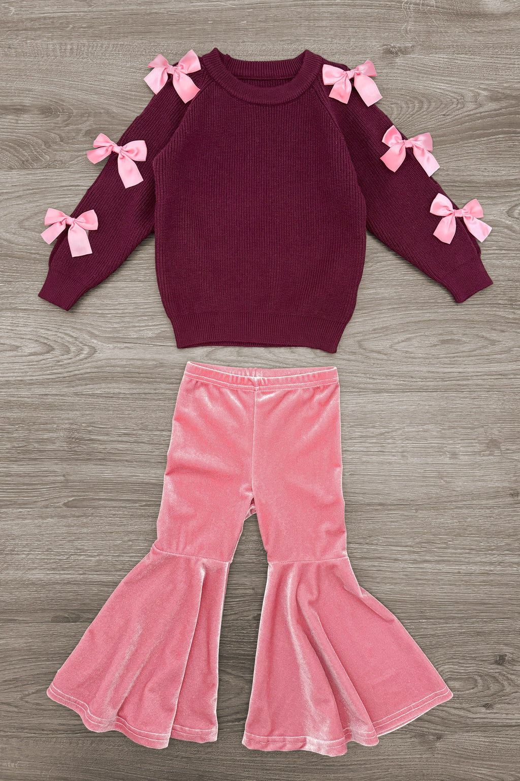 Pink Velvet Bow Bell Bottom Set - Sparkle In Pink