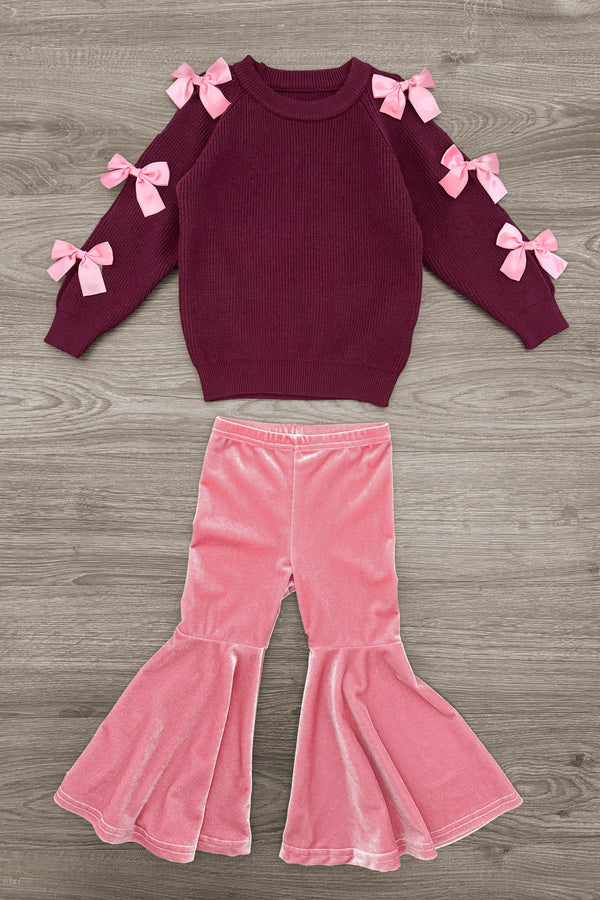 Pink Velvet Bow Bell Bottom Set - Sparkle In Pink
