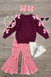 Pink Velvet Bow Bell Bottom Set