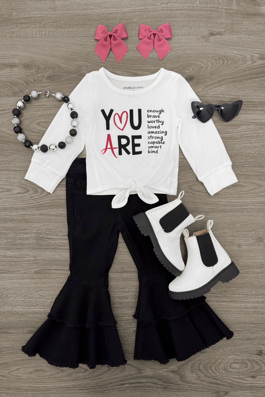 "You Are..." Black Denim Bell Bottom Set | Sparkle in Pink