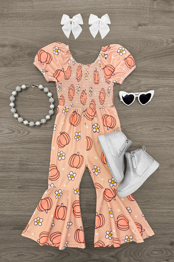 Pastel Pumpkin Daisy Bell Bottom Jumpsuit | Sparkle in Pink