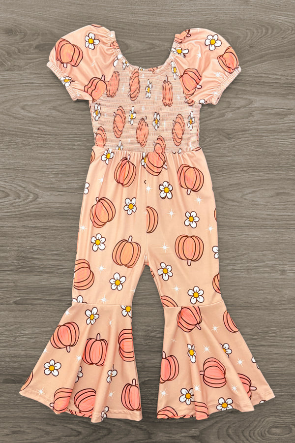 Pastel Pumpkin Daisy Bell Bottom Jumpsuit | Sparkle in Pink