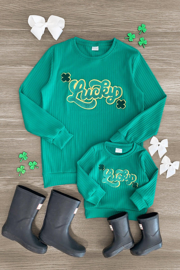 Mom & Me - "Lucky" Green Chenille Patch Top - Sparkle in Pink