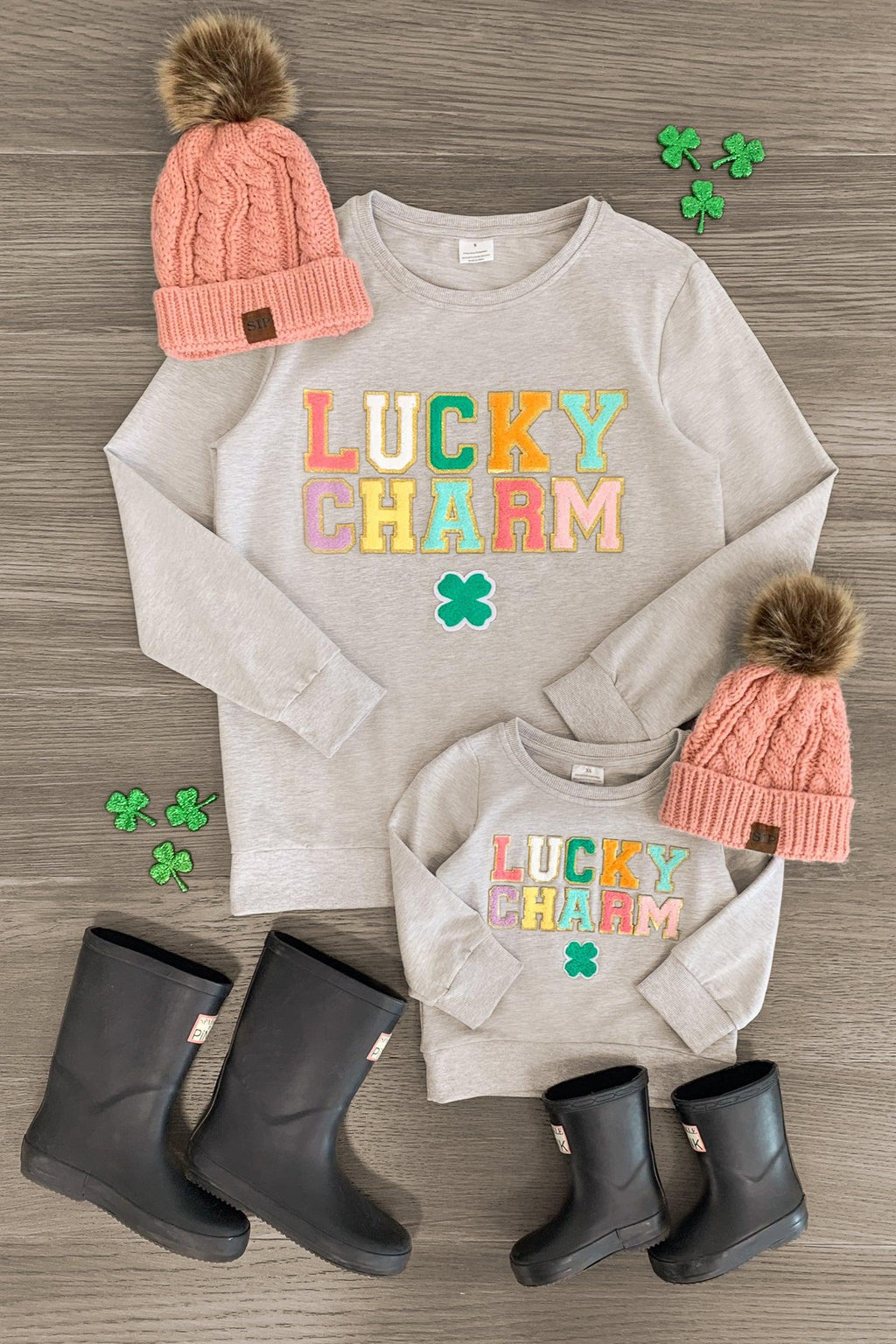 Mom & Me - "Lucky Charm" Gray Chenille Patch Top - Sparkle in Pink