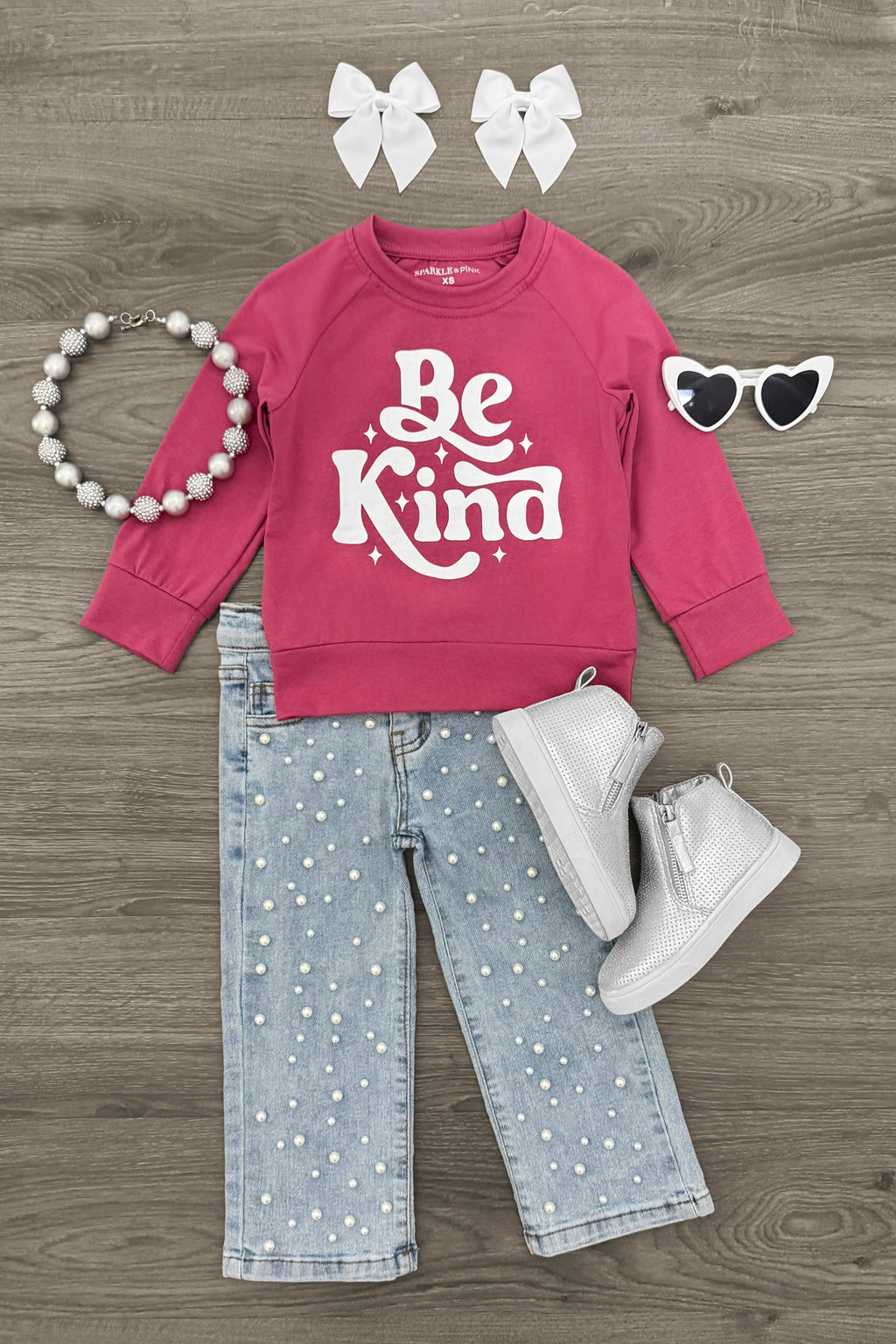 "Be Kind" Pearl Denim Pant Set | Sparkle in Pink