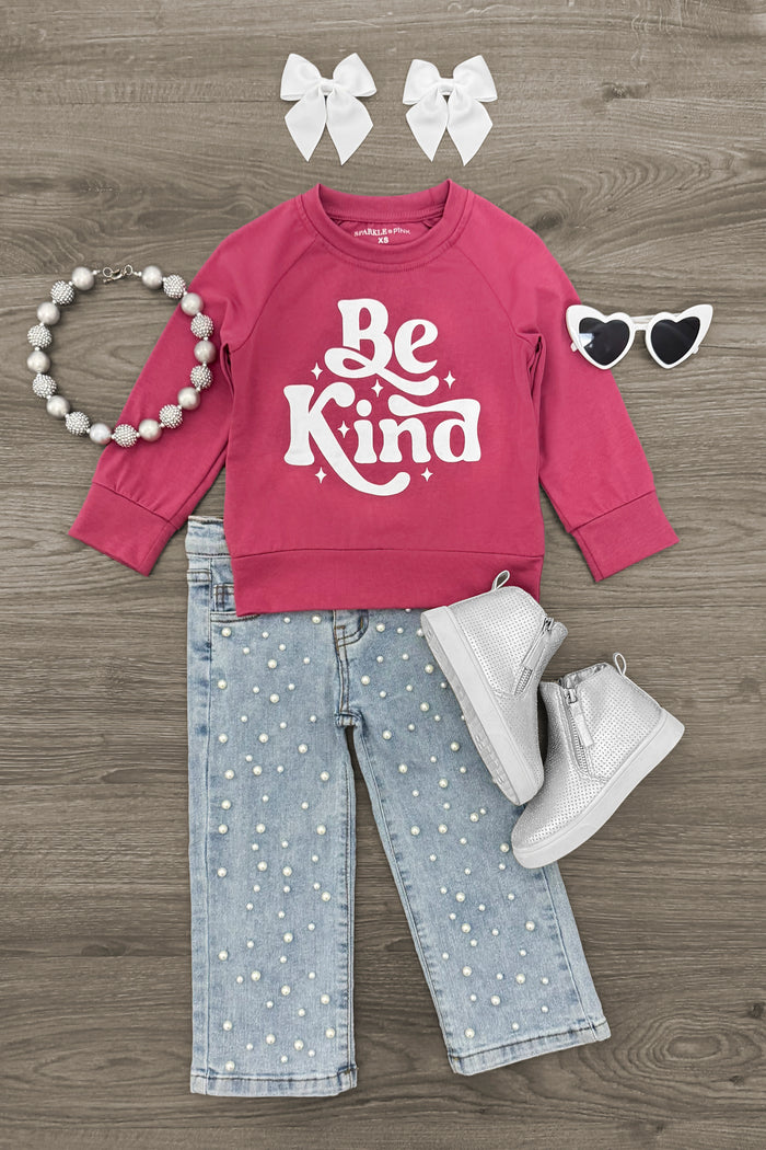 "Be Kind" Pearl Denim Pant Set - 3XS-6-12 Months - Pink long-sleeve sweatshirt with "Be Kind" text paired with light blue pearl-embellished denim pants, white high-top.