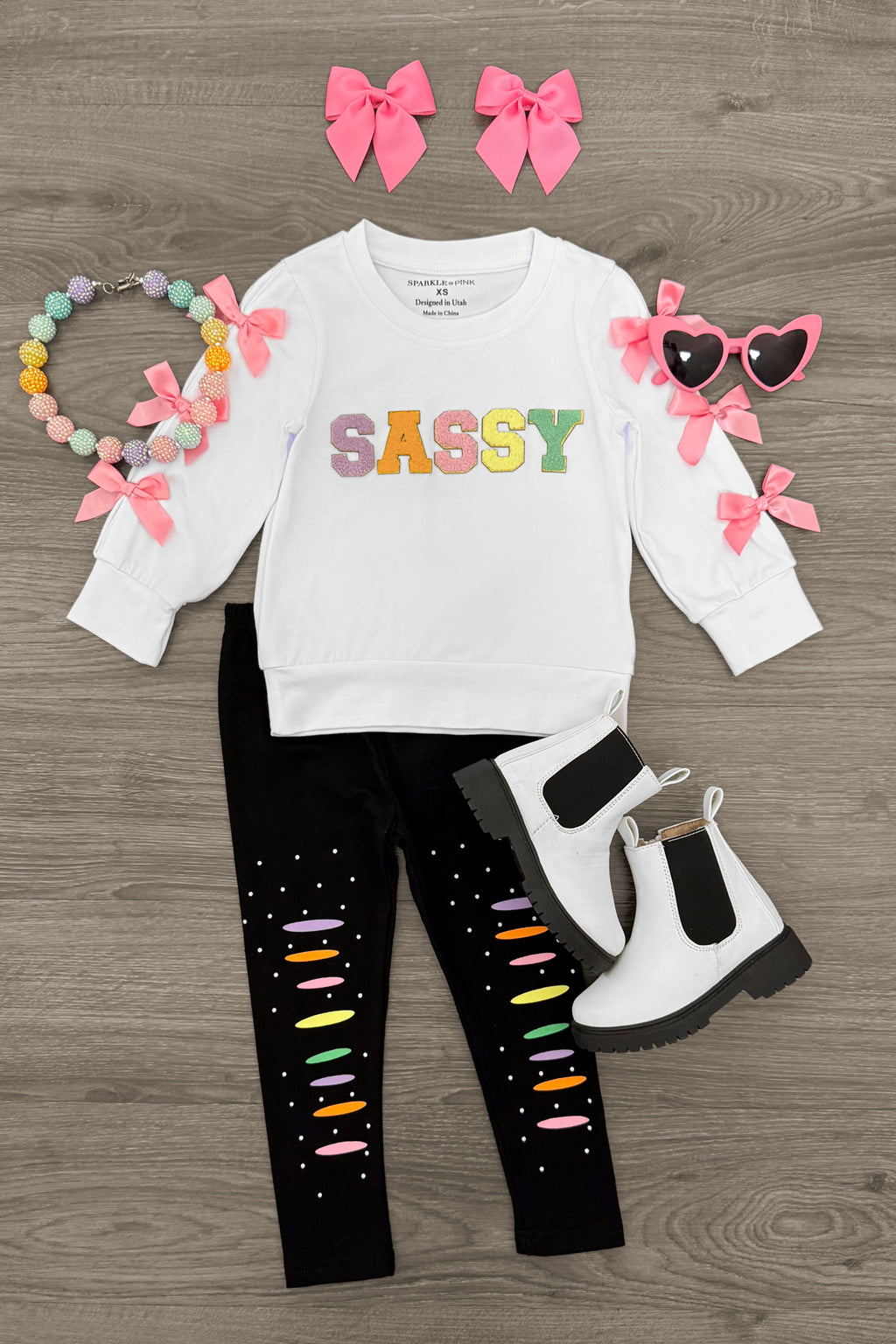 "Sassy" Rainbow Chenille Patch Legging Set | Sparkle in Pink