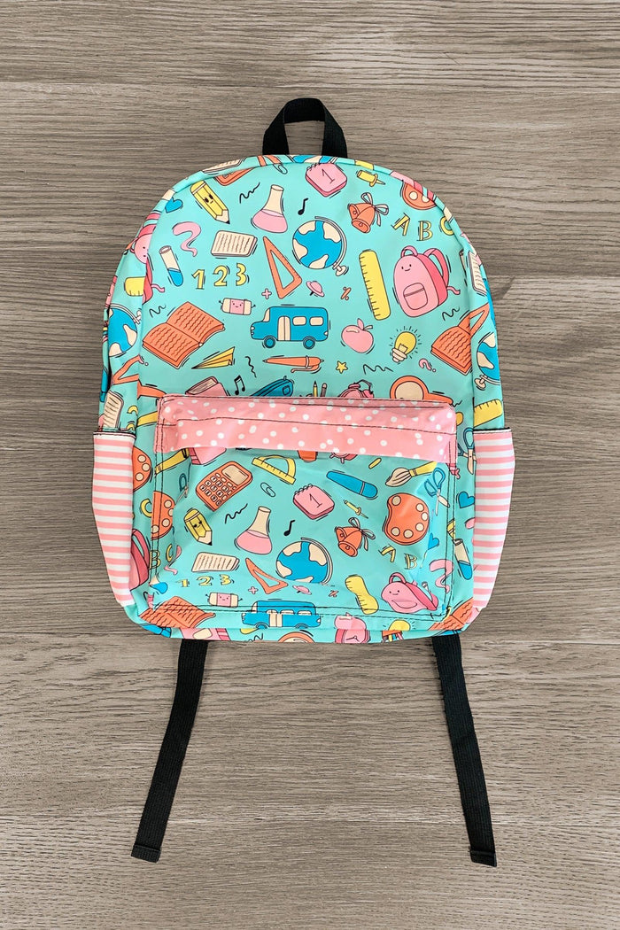 Pink & Mint Ready To Learn Backpack - Default Title - Pink and mint backpack with school supplies print, pink polka dot front pocket, and striped sides.
