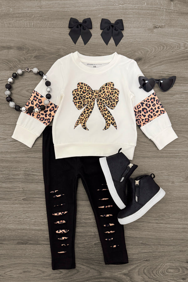 Cheetah Print Bow Distressed Legging Set | Sparkle in Pink