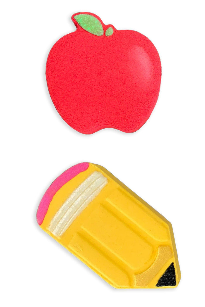 School Bath Bombs - Many Styles! - Pencil - Red apple-shaped bath bomb with a green leaf and yellow pencil-shaped bath bomb with pink eraser and black tip.