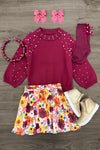 Burgundy Pearl Sweater Floral Skirt Set | Sparkle in Pink