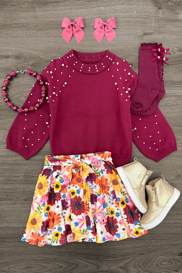 Burgundy Pearl Sweater Floral Skirt Set | Sparkle in Pink