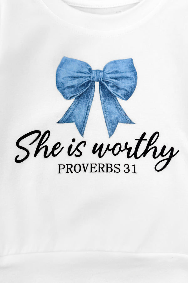 "She Is Worthy" Denim Bow Flare Pant Set | Sparkle in Pink