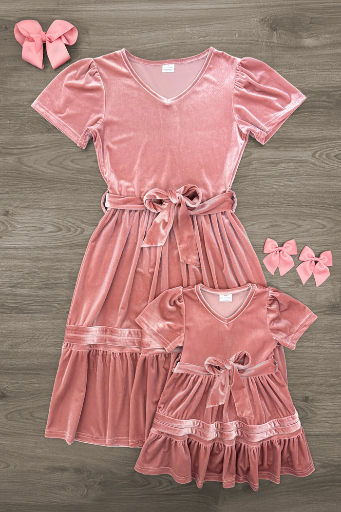 Mom & Me - Blush Pink Velvet Dress - CHILD-3XS-6-12 Months - Blush pink velvet dress with puff sleeves and waist tie, plus matching child velvet dress with lace trim and bow,.