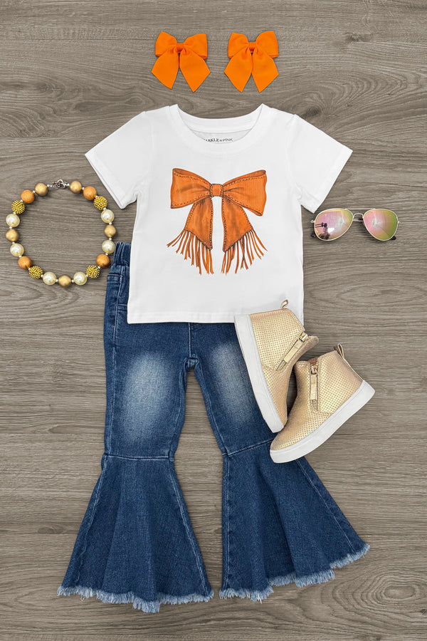 Fringe Bow Denim Bell Bottom Set | Sparkle in Pink