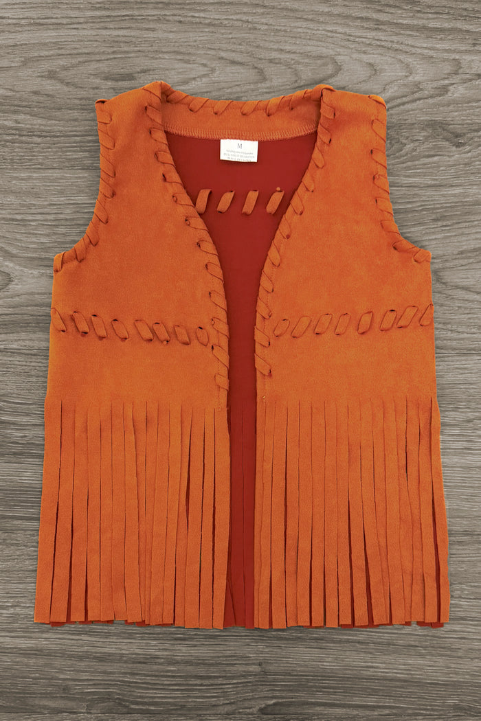 Rust Suede Fringe Vest - 3XS-6-12 Months - Rust-colored suede vest with braided detailing and long fringe on the hem.