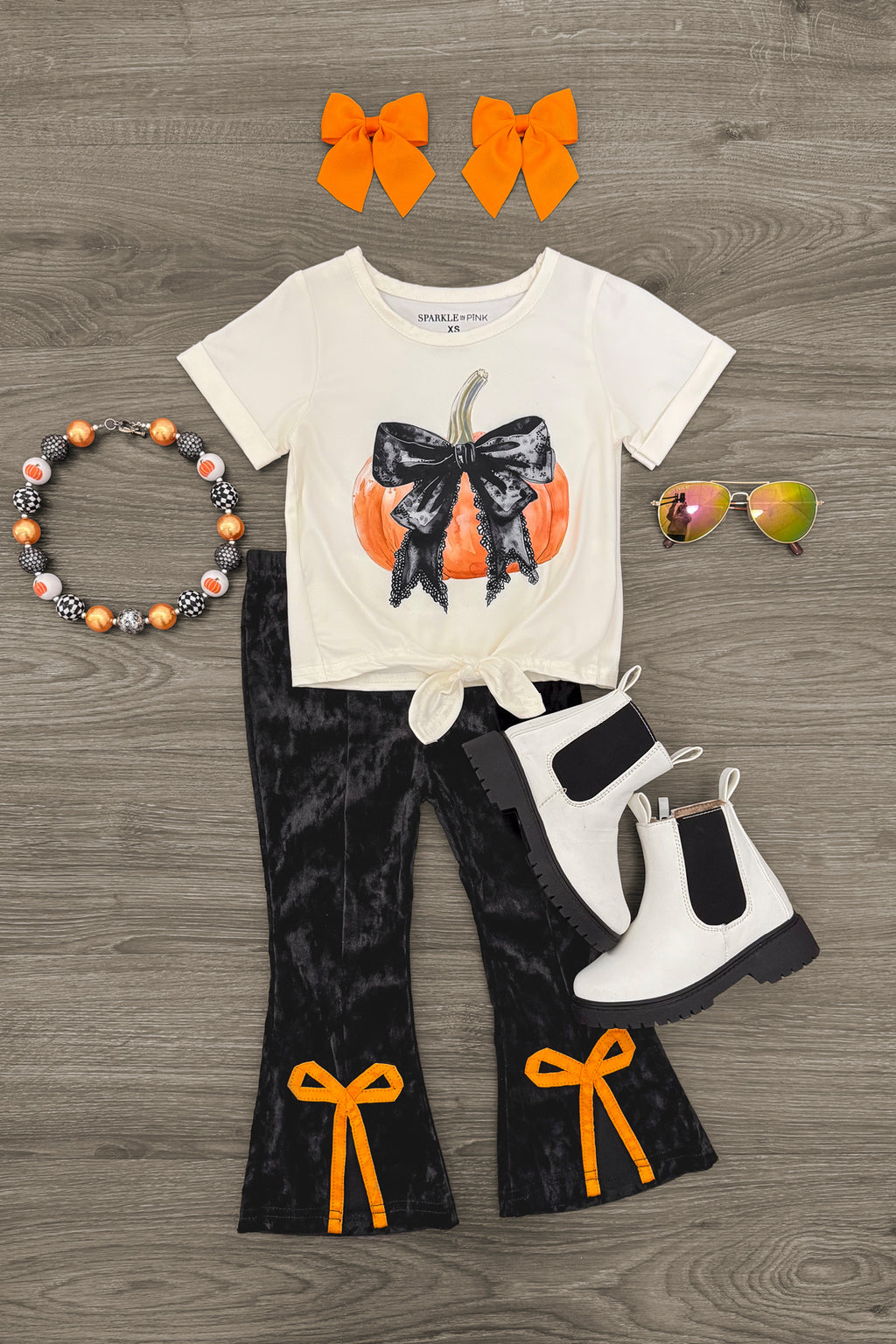 Pumpkin Bows Velvet Flare Set | Sparkle in Pink