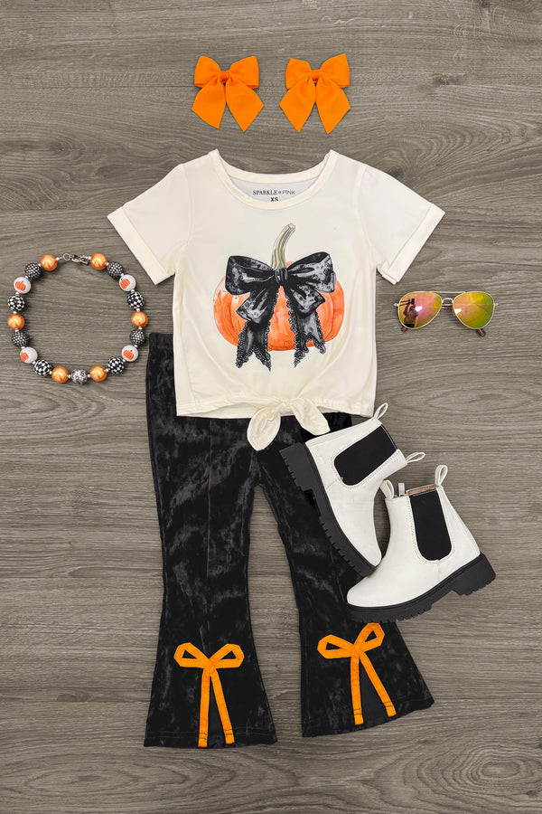 Pumpkin Bows Velvet Flare Set | Sparkle in Pink