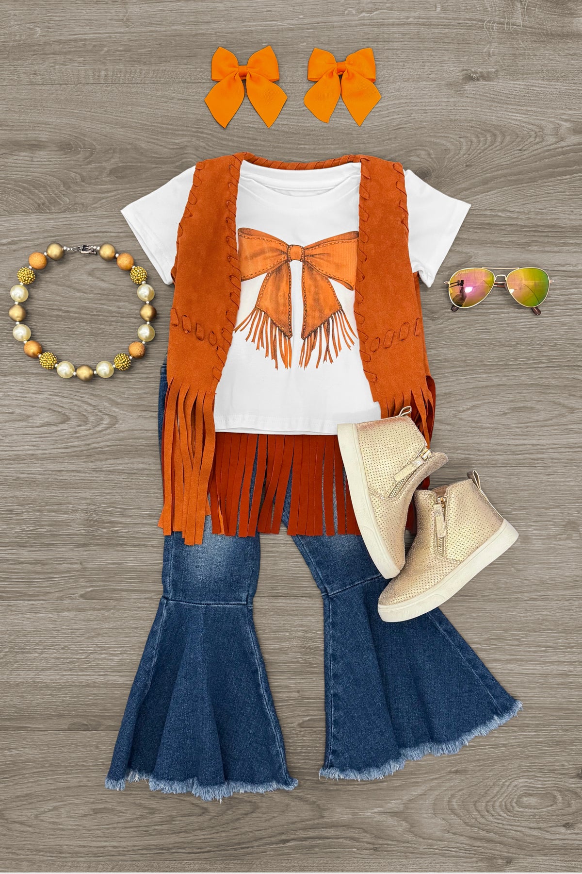 Fringe Bow Denim Bell Bottom Set