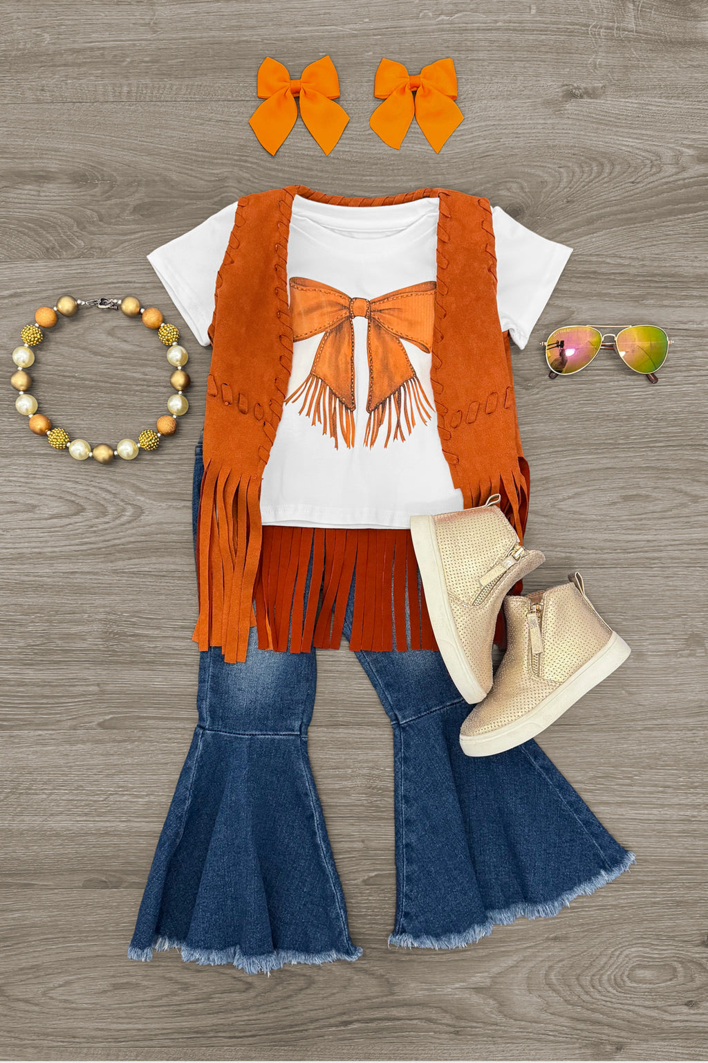 Fringe Bow Denim Bell Bottom Set | Sparkle in Pink