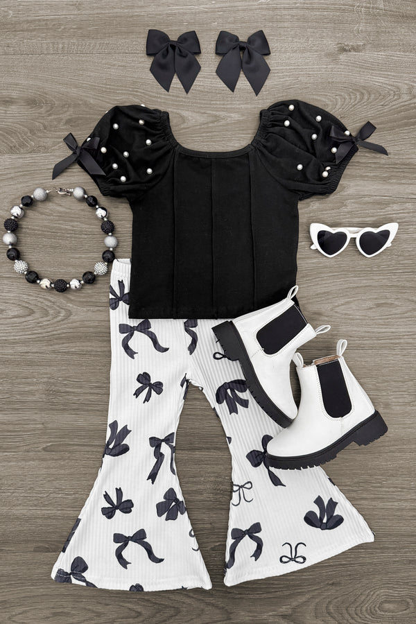 Black & White Pearl Bow Flare Pant Set | Sparkle in Pink