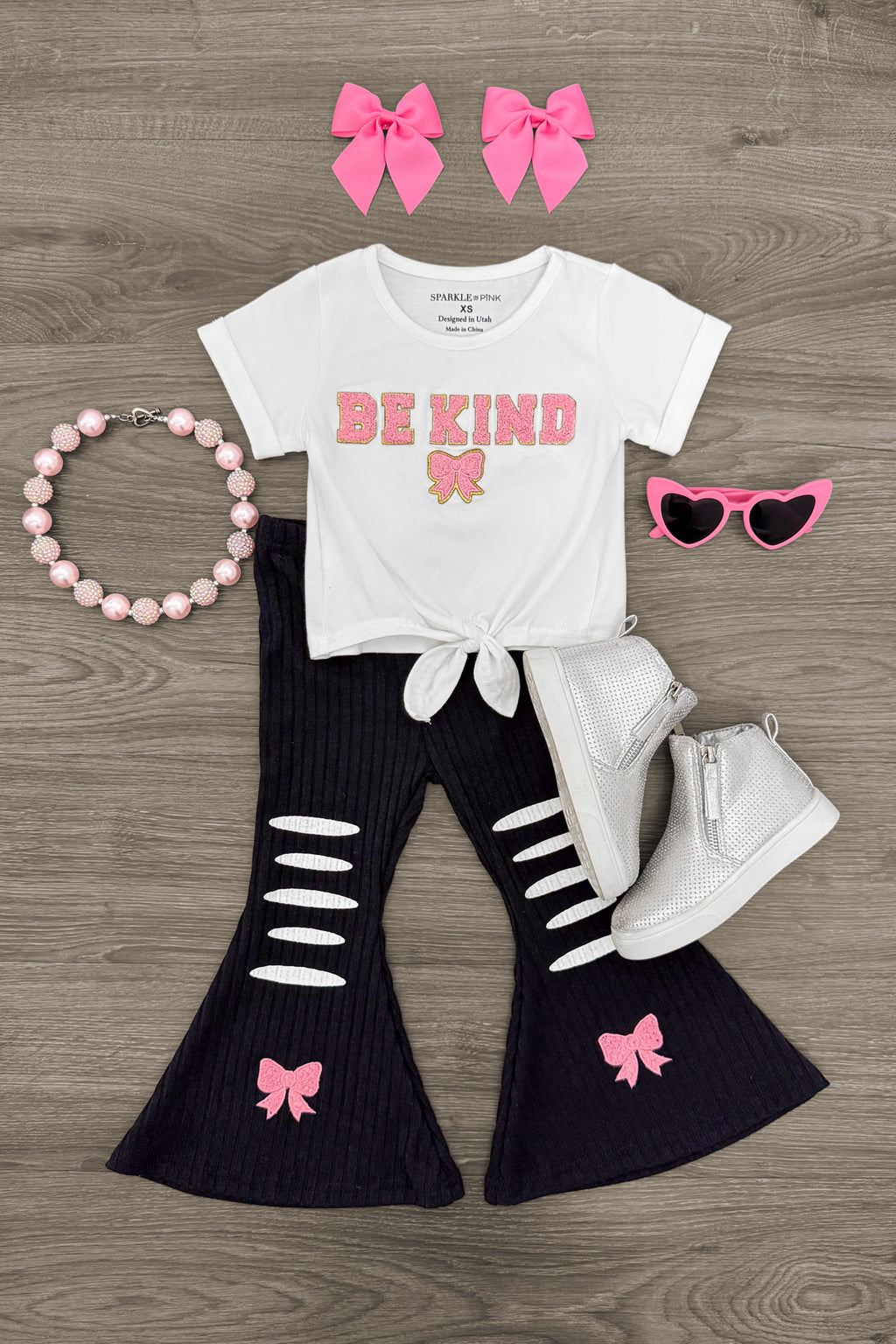 "Be Kind" Ribbed Flare Pant Set | Sparkle in Pink