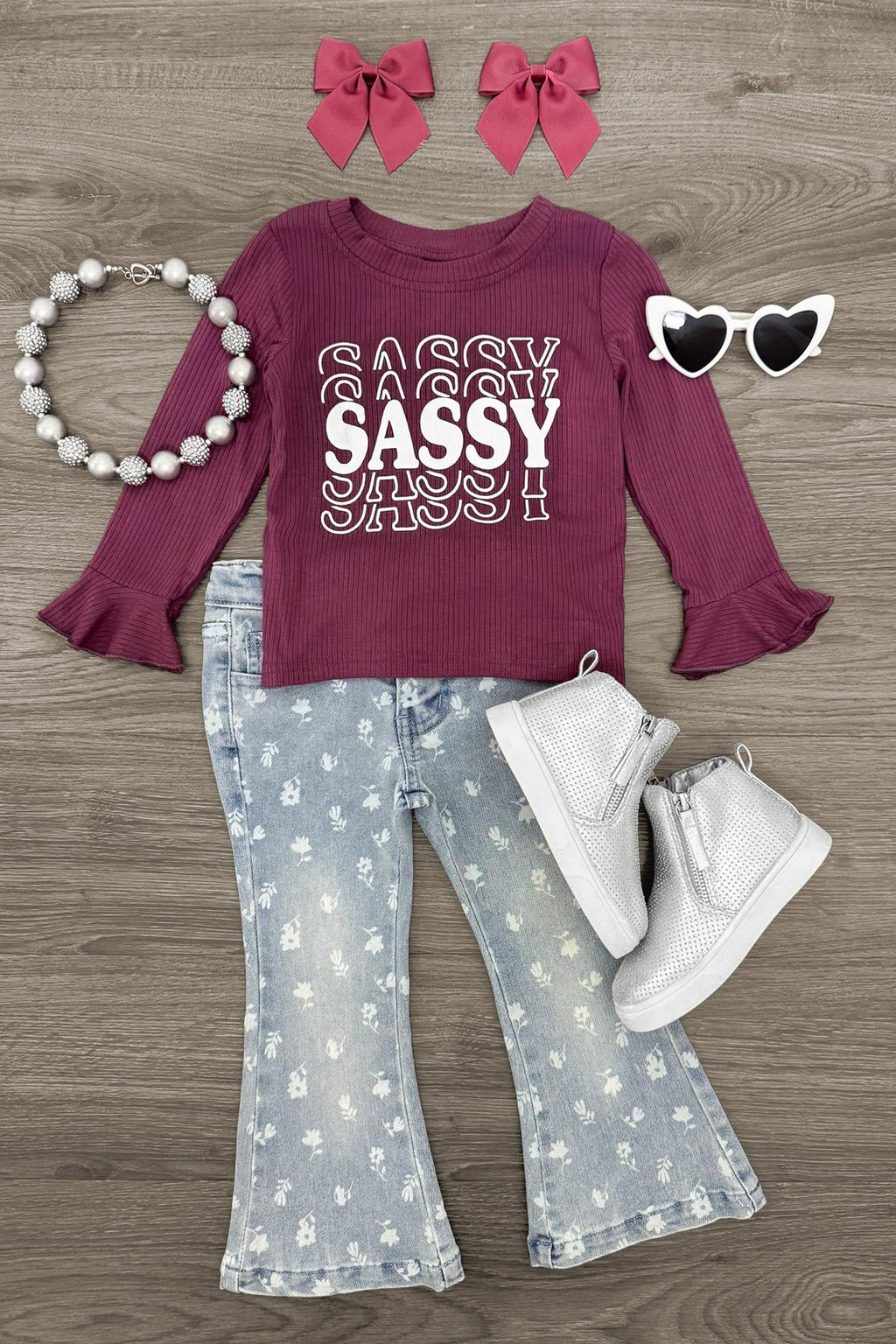 "Sassy" Floral Flare Denim Set | Sparkle in Pink