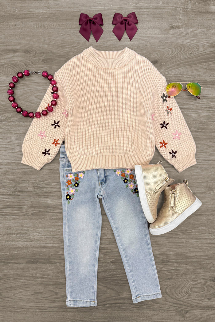Embroidered Flower Denim Pant Set - 3XS-6-12 Months - Cream long-sleeve sweater with embroidered floral sleeves, light blue denim jeans with floral embroidery, gold boots, floral .