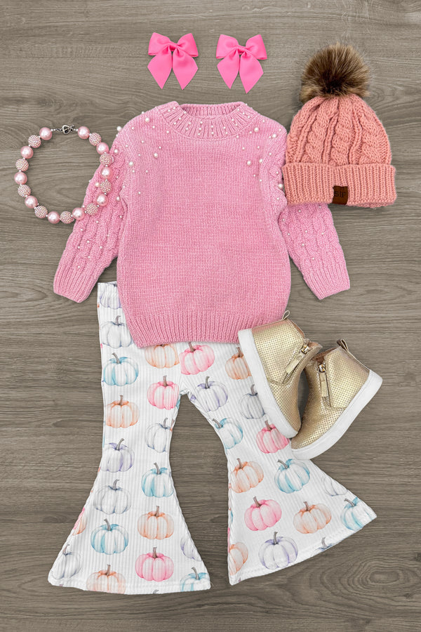 Pink Pearl Sweater Pumpkin Bell Bottom Set | Sparkle in Pink