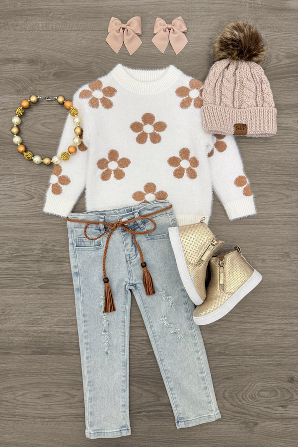 Flower Print Sweater Denim Pant Set | Sparkle in Pink