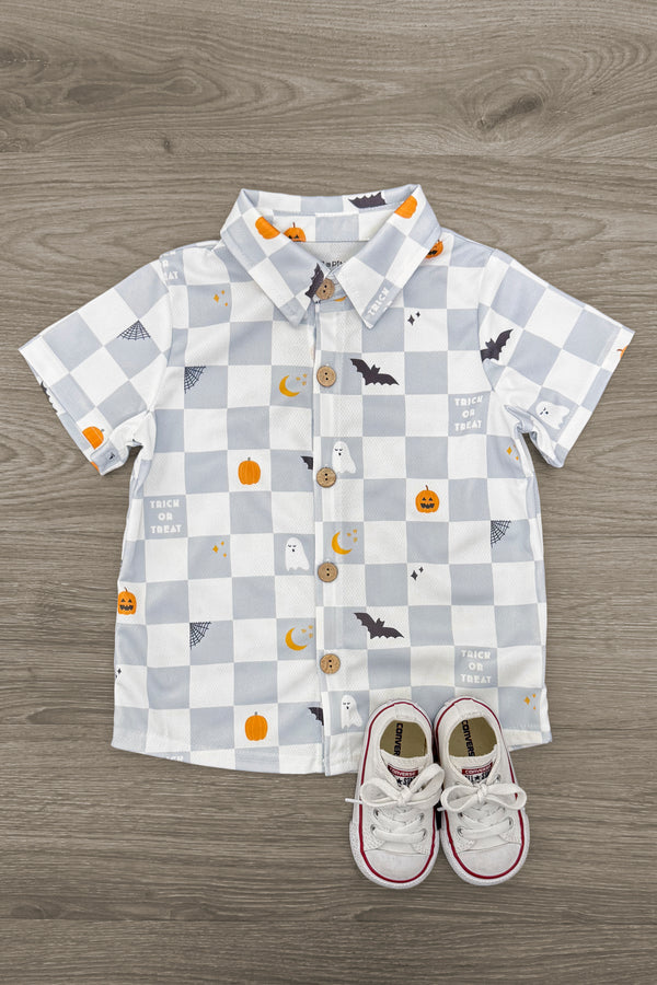 Trick Or Treat Checkered Button Down Top | Sparkle in Pink