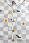 Trick Or Treat Checkered Button Down Top | Sparkle in Pink