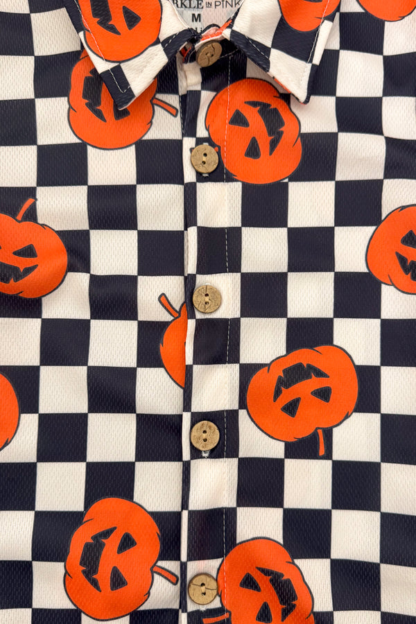 Checkered Jack-O'-Lantern Button Down Top | Sparkle in Pink