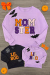 Mom & Kid - "Momster & Lil Boo" Top - GIRL-0-3 Months-FAMILY - Purple long-sleeve crewneck sweatshirt with "Momster" in orange, white, and purple block letters and black bat graphics on.