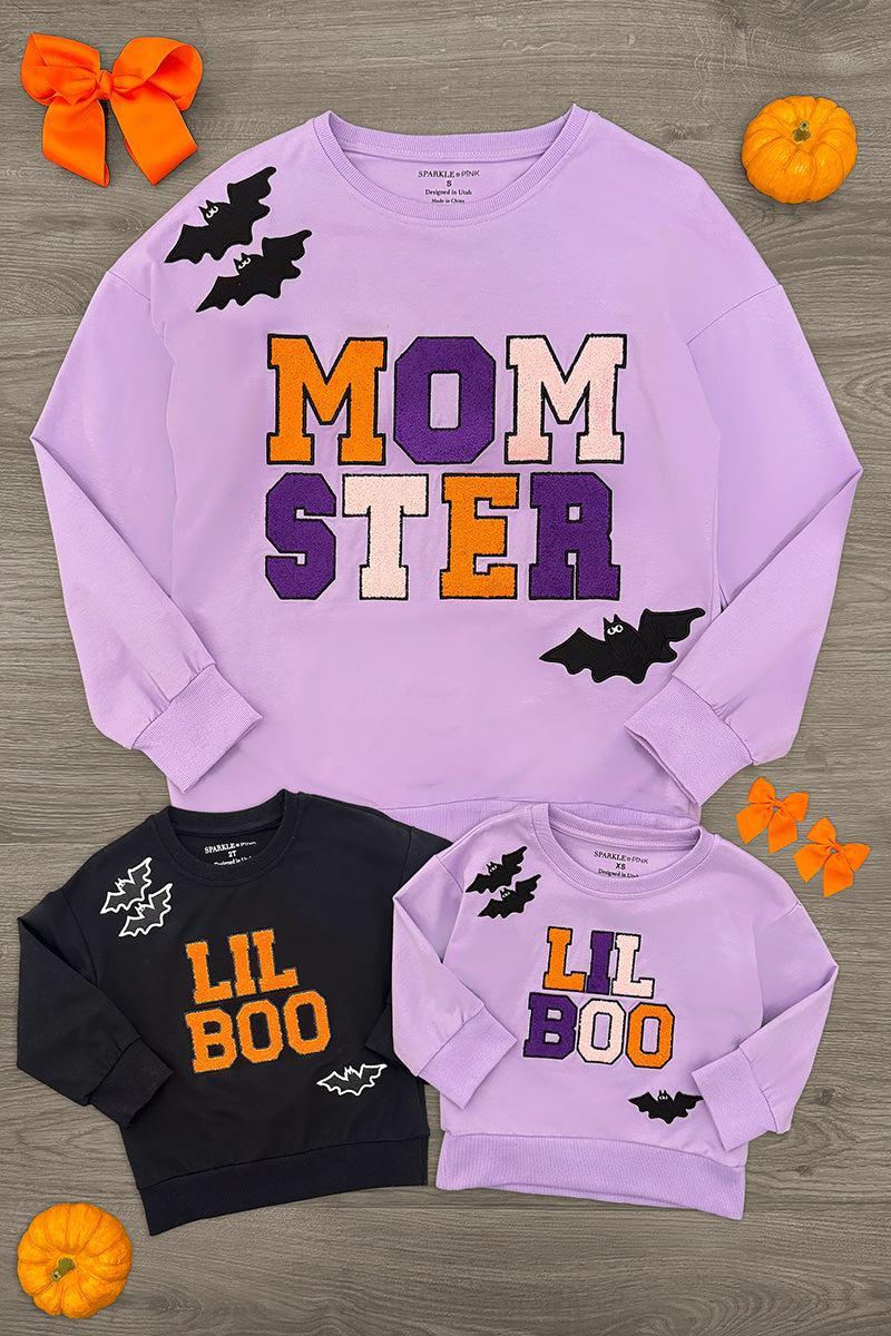 Mom & Kid - "Momster & Lil Boo" Top - GIRL-0-3 Months-FAMILY - Purple long-sleeve crewneck sweatshirt with "Momster" in orange, white, and purple block letters and black bat graphics on.