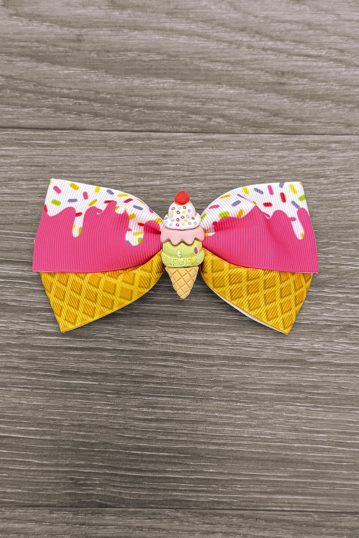 Sprinkle Ice Cream Cone Bow - Default Title - Pink ice cream cone bow with sprinkles and waffle cone details on wooden surface.