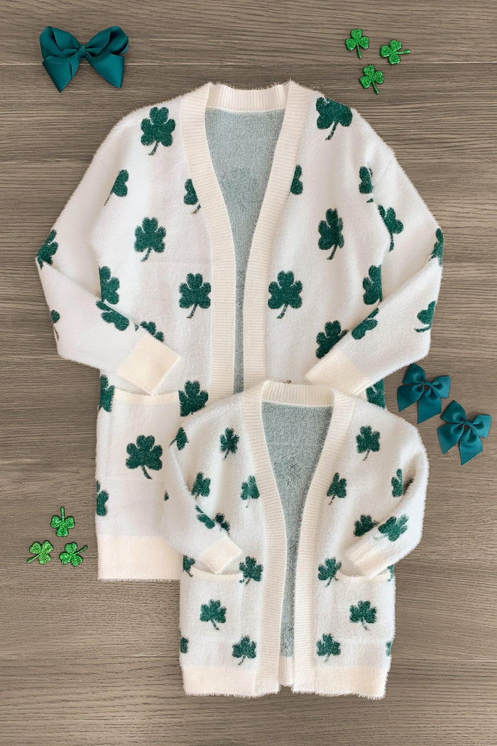 Mom & Me - Cozy Four Leaf Clover Cardigan - BABY-0-3 Months-FAMILY - Cream cardigan with green four-leaf clover pattern, adult and child sizes shown, knit texture.