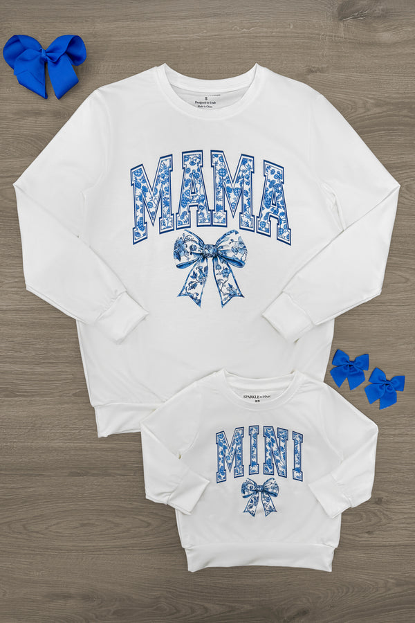 Mom & Me - "Mama & Mini" Blue Bow Long Sleeve Top | Sparkle in Pink