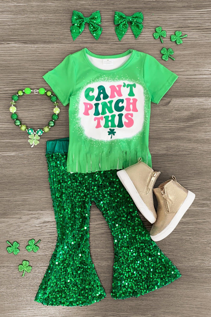 "Can't Pinch This" Green Sequin Bell Bottom Set - 3XS-6-12 Months - Green toddler bell-bottom pants with sequins, green short-sleeve shirt with "Can't Pinch This" text, beige boots, green hair .