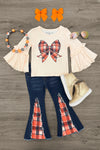 Plaid Bow Distressed Denim Flare Set | Sparkle in Pink