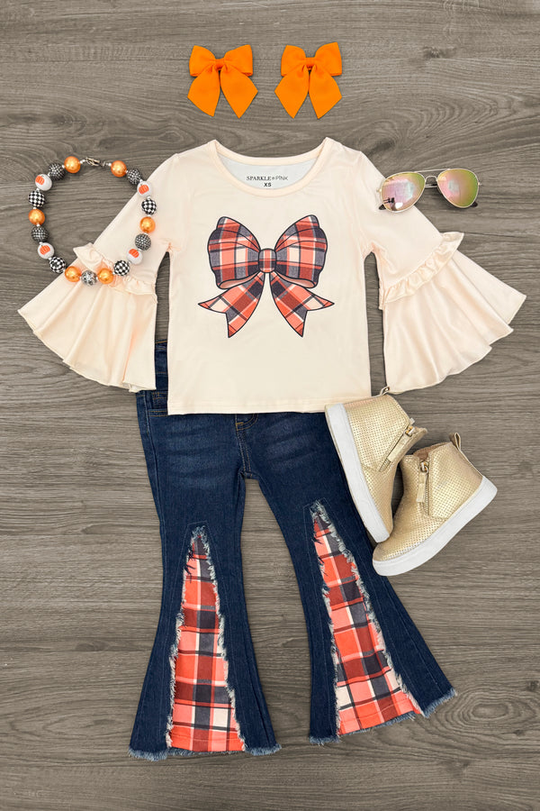 Plaid Bow Distressed Denim Flare Set | Sparkle in Pink