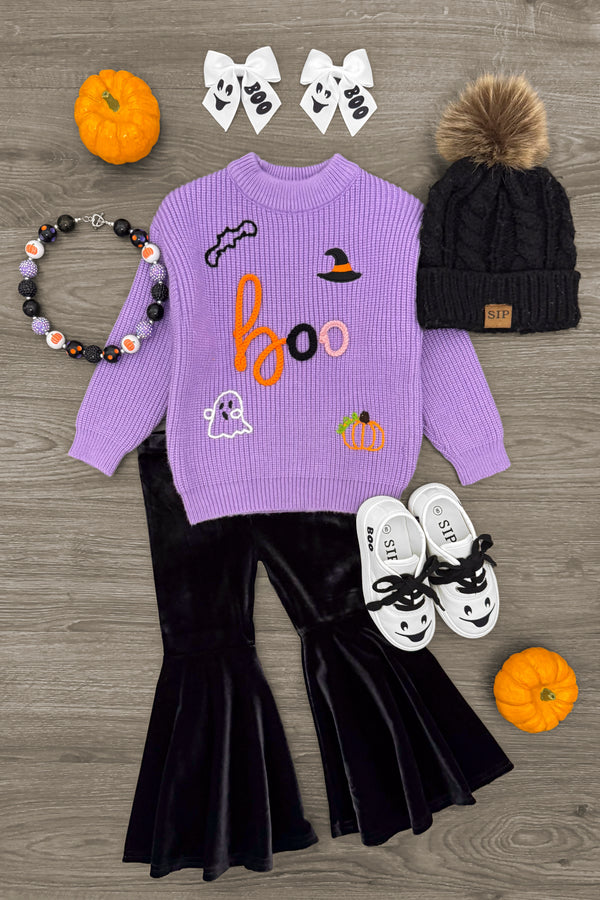 "Boo" Purple Knit Sweater Bell Bottom Set | Sparkle in Pink