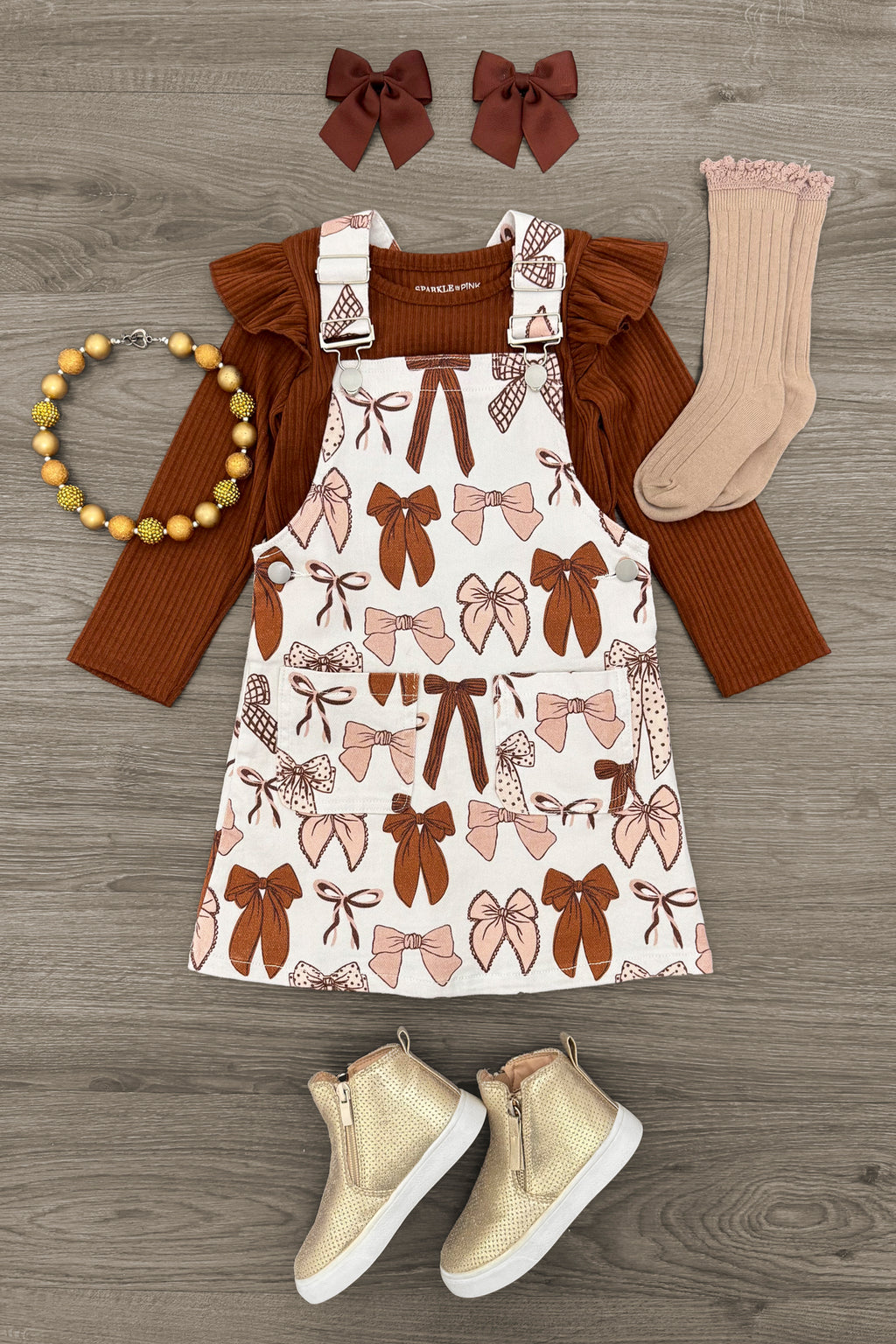 Brown Denim Bow Overall Dress Set | Sparkle in Pink