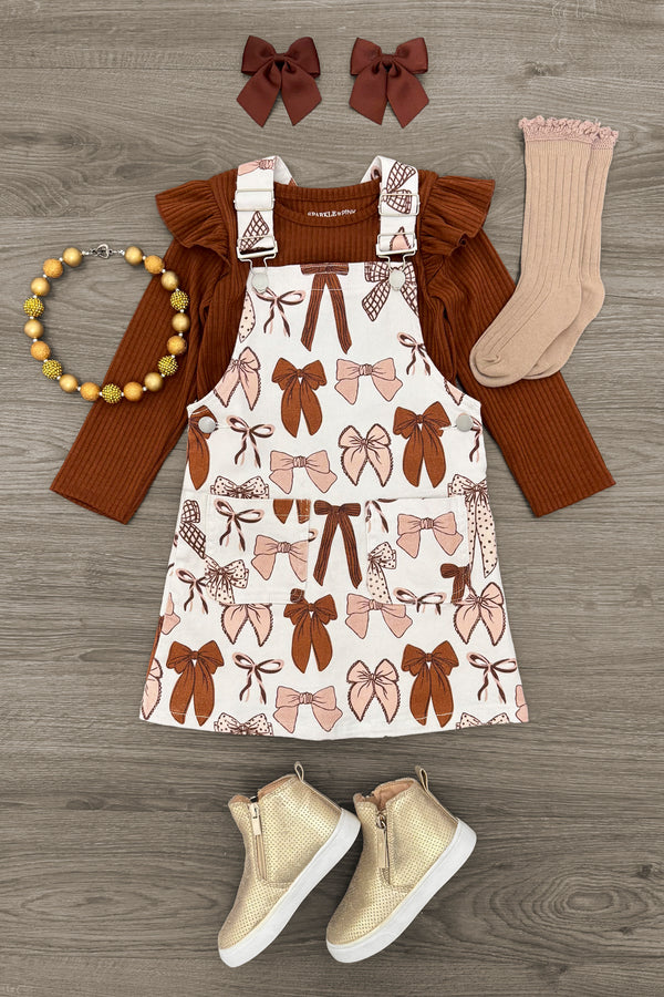 Brown Denim Bow Overall Dress Set | Sparkle in Pink