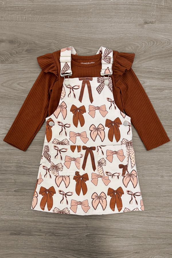 Brown Denim Bow Overall Dress Set | Sparkle in Pink