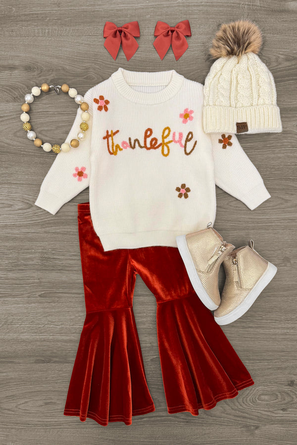 "Thankful" Knit Sweater Velvet Bell Bottom Set | Sparkle in Pink