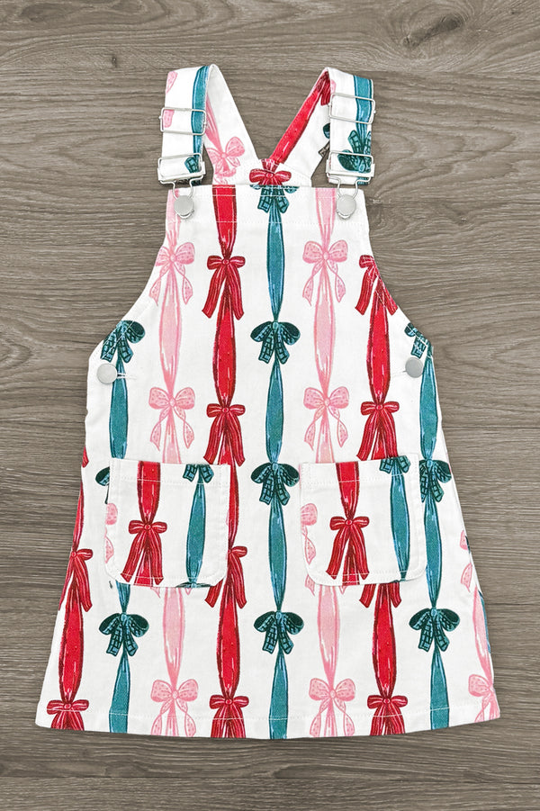 Christmas Bows Denim Overall Dress Set