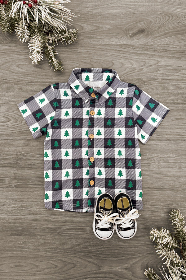 Checkered Christmas Tree Button Down Top | Sparkle in Pink